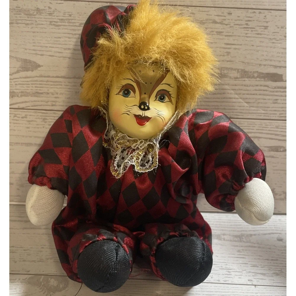 Vintage Red Cat CLOWN Mardi Gras‎ Collectible Doll Hand Painted FACE Circus MCM